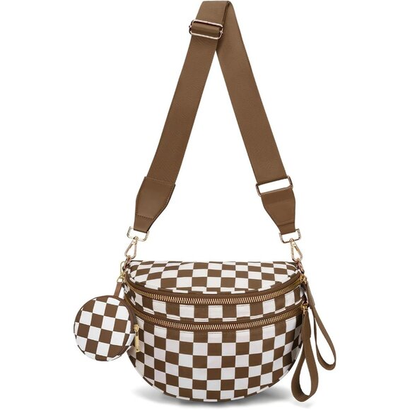 Checkered Crossbody Bag Bum Bag for Women Spacious Nylon Fanny with Removable W